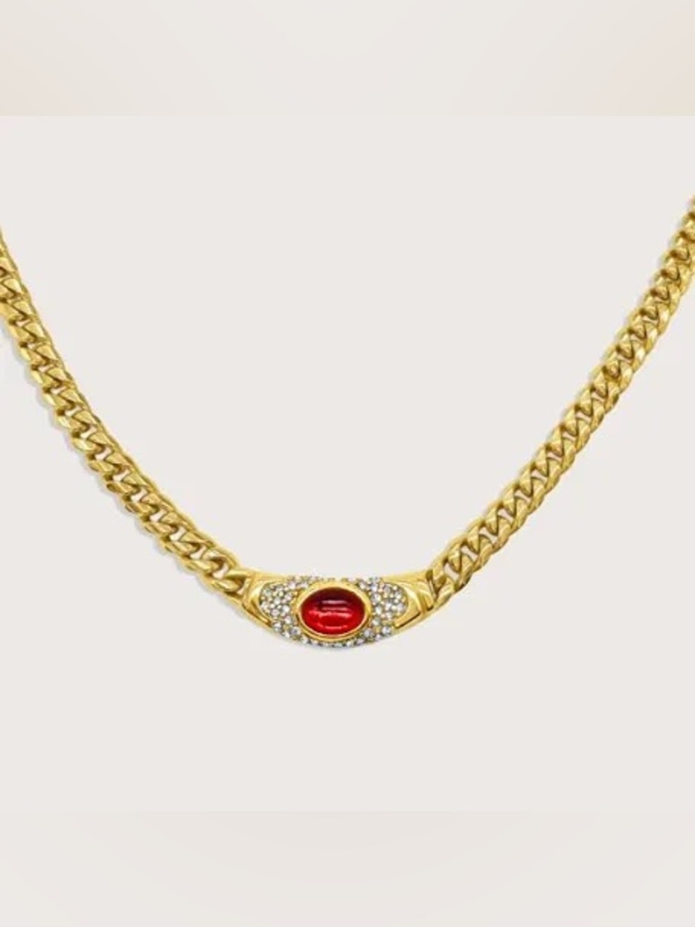 Gold plated Chain Necklace with Red Cabochon Accent Bella hadid necklace